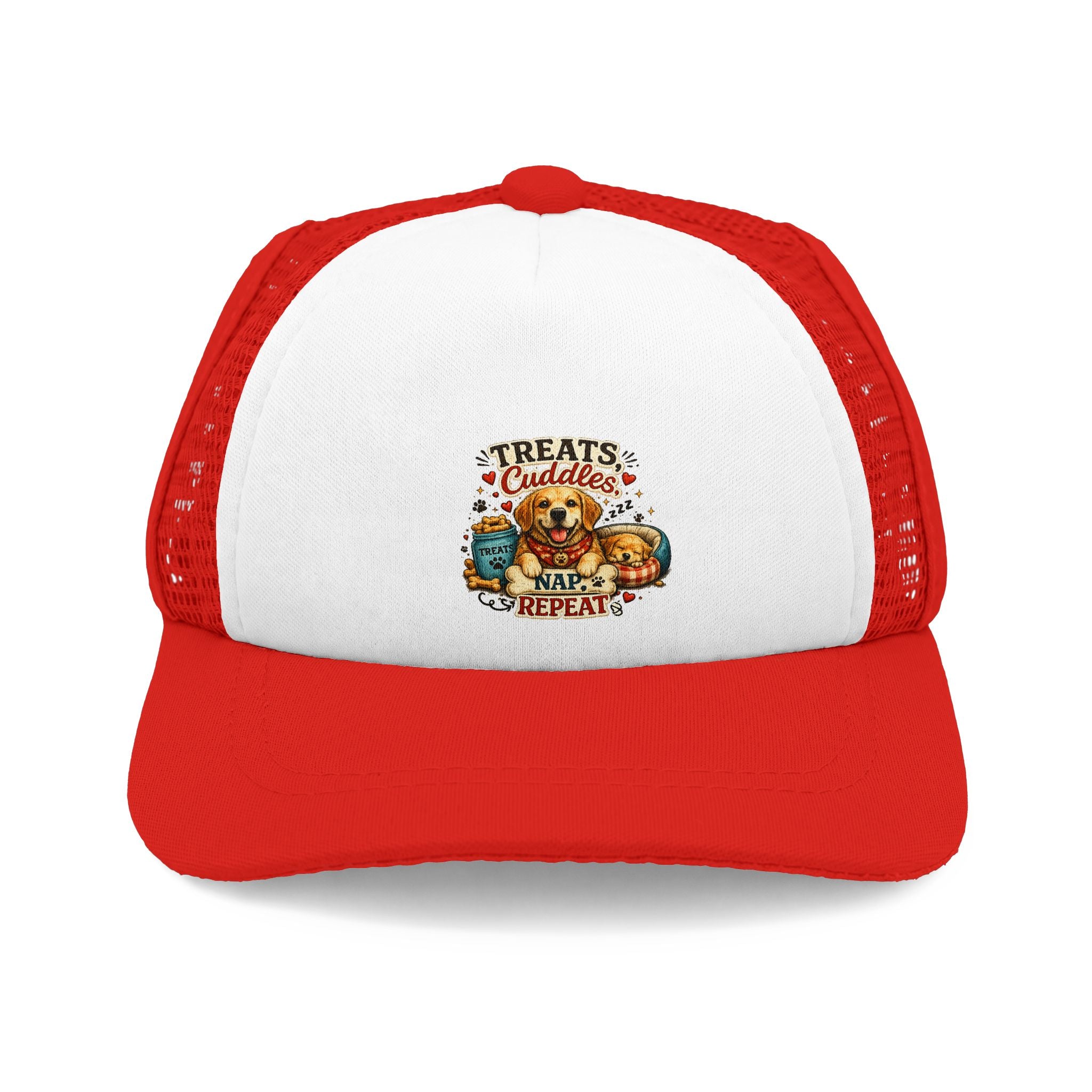 Dog Trucker Hat — "Treats Cuddles Repeat" Foam Mesh Cap