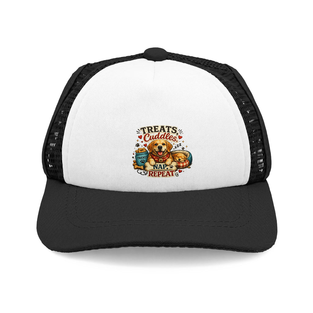 Dog Trucker Hat — "Treats Cuddles Repeat" Foam Mesh Cap