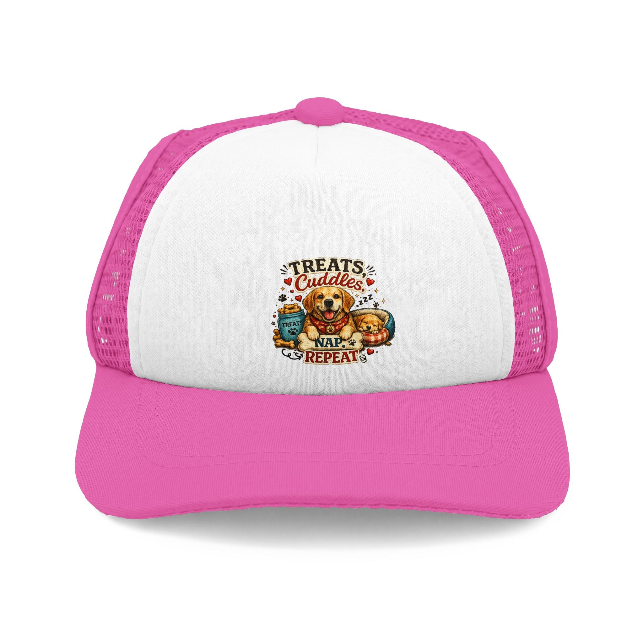 Dog Trucker Hat — "Treats Cuddles Repeat" Foam Mesh Cap