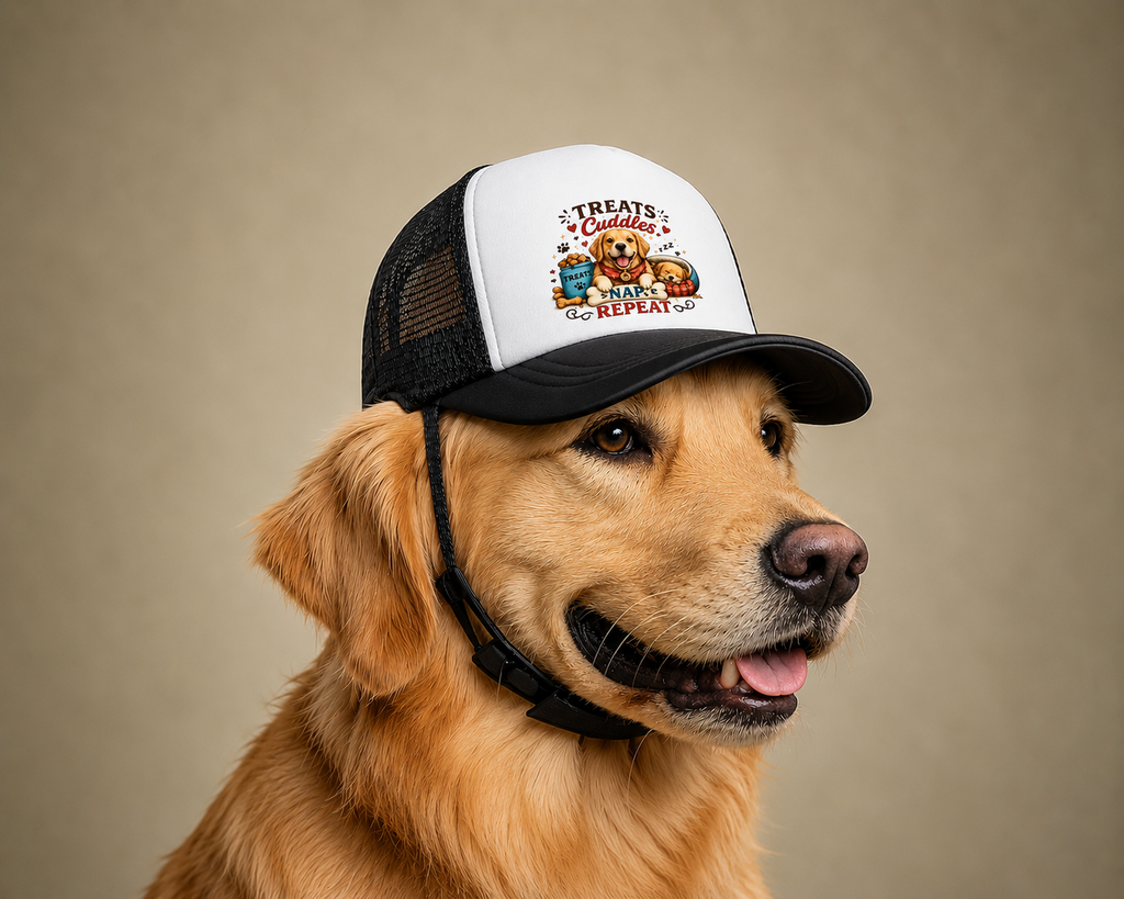 Dog Trucker Hat — "Treats Cuddles Repeat" Foam Mesh Cap