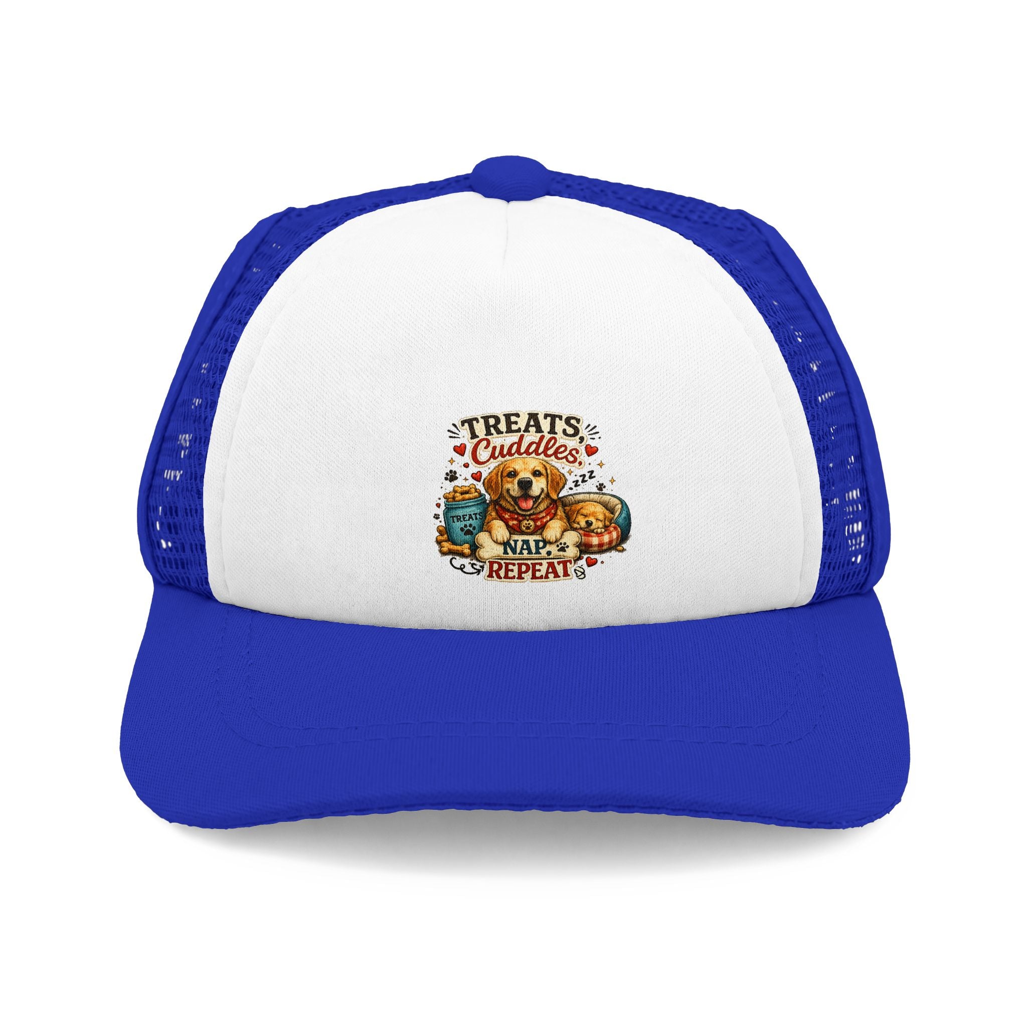 Dog Trucker Hat — "Treats Cuddles Repeat" Foam Mesh Cap